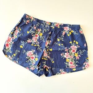 Floral Cotton Pajama Shorts - Navy and Pink, Size M